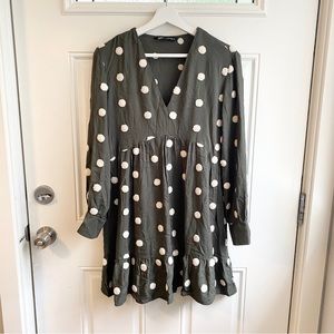 Zara olive green ruffled long sleeve polka dot dress